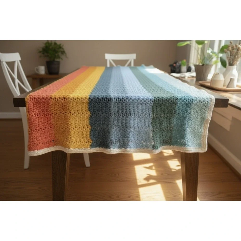 Handmade Rainbow Crochet‎ Afghan Blanket 92x78 Oversized Boho Bedspread